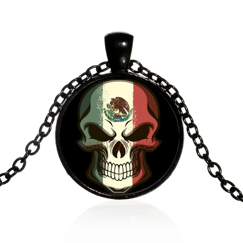 Vintage Skeleton Pendant Necklace Mexican Flag Creative Printed Glass Cabochon Handmade Day of the Dead Jewelry | Украшения и