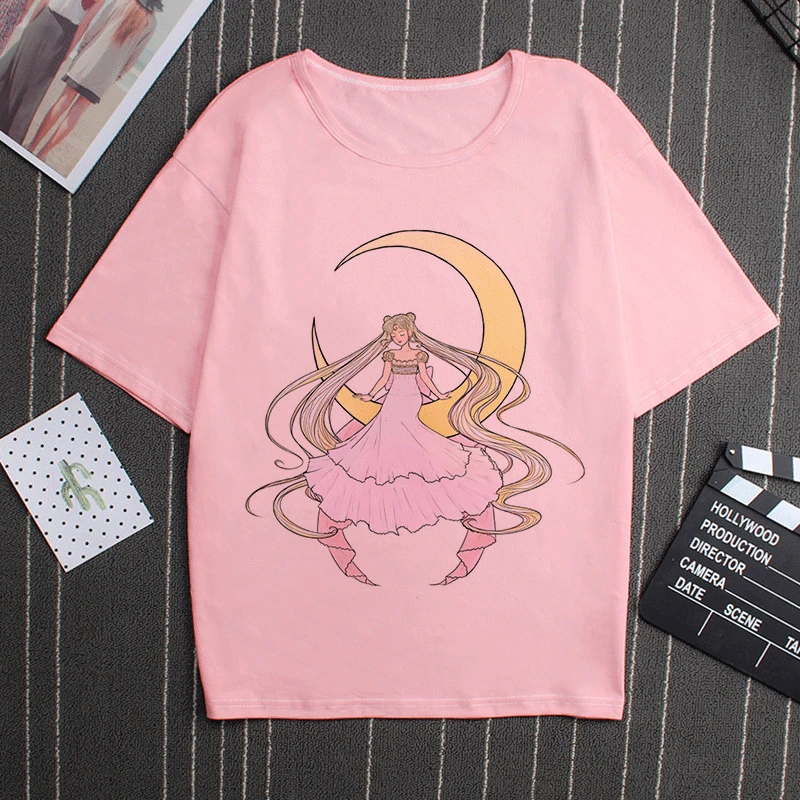 Sailor Moon 90s Funny Pink T Shirt Harajuku Clothes Tshirt Aesthetic Cat Anime Vogue T-shirt Kawaii Graphic Tees Ullzang Women