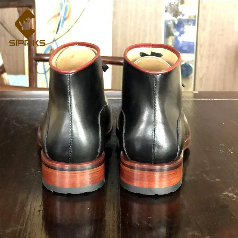 Sipriks Handmade Goodyear Welt Shoes Mens Calf Leather Ankle Boots Black Male Cowboy Boot High Top Lace Up Big Round Toe | Обувь