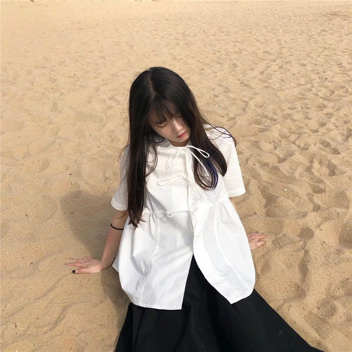 

White casual tops Women's Clothing Simple hot Blouses Shirts bow Tied belt summer new Korean style short sleeve turn-down collar