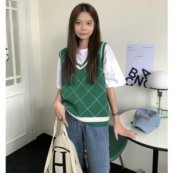 Осень 2021 клетчатый вязаный жилет с V-образным вырезом Женская верхняя одежда в