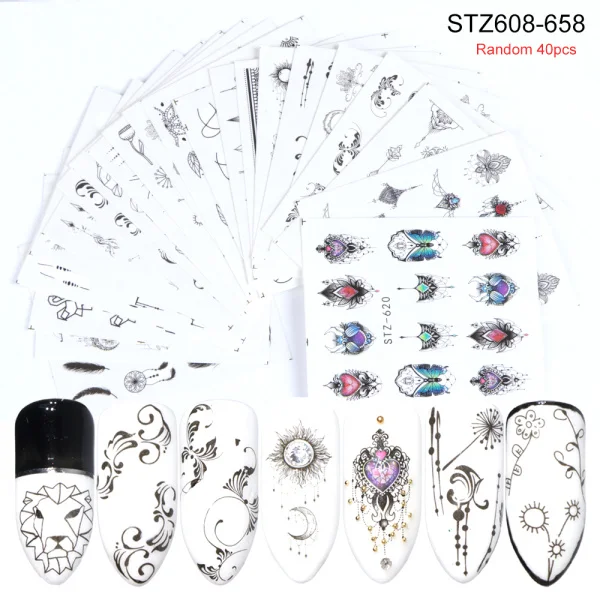 STZ608-658 40Pcs Набор наклеек для ногтей переводные наклейки для воды смешанный дизайн цветок животное слайдер для маникюра ногтей украшение татуировки Советы LA830 - Цвет: STZ608-658 40Pcs