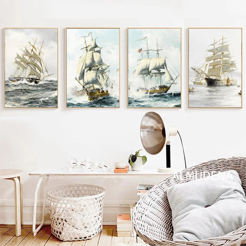 Холщовая картина с морским парусником настенный постер для украшения дома