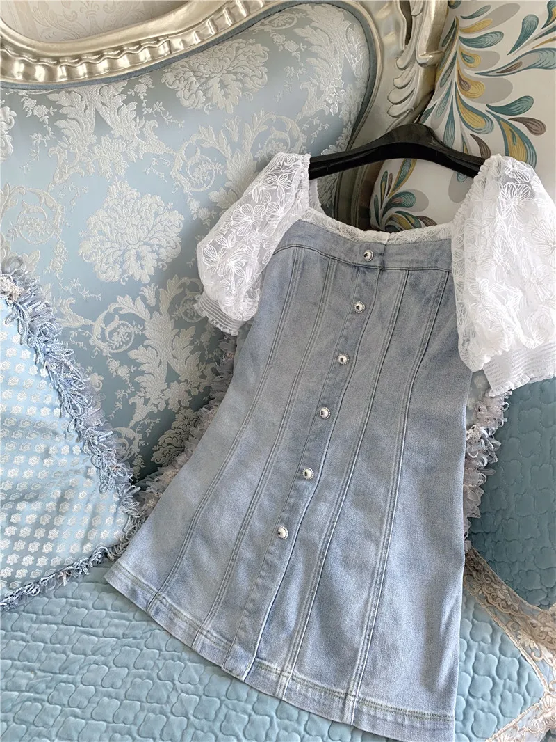 

Woman A-line Dress Short Puff Sleeve Suare Collar Elegant Lace Jeans Vestidos Knee-Length Casual Dresses Button