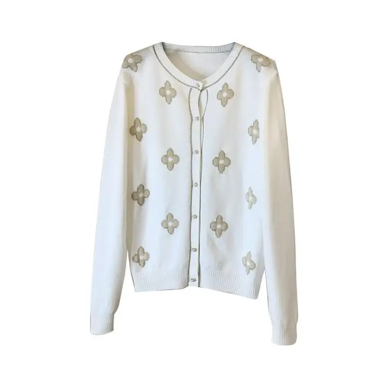 

Autumn and winter 2020 knitted cardigan coat femininity thin round neck bright silk embroidery flowers with sweater top