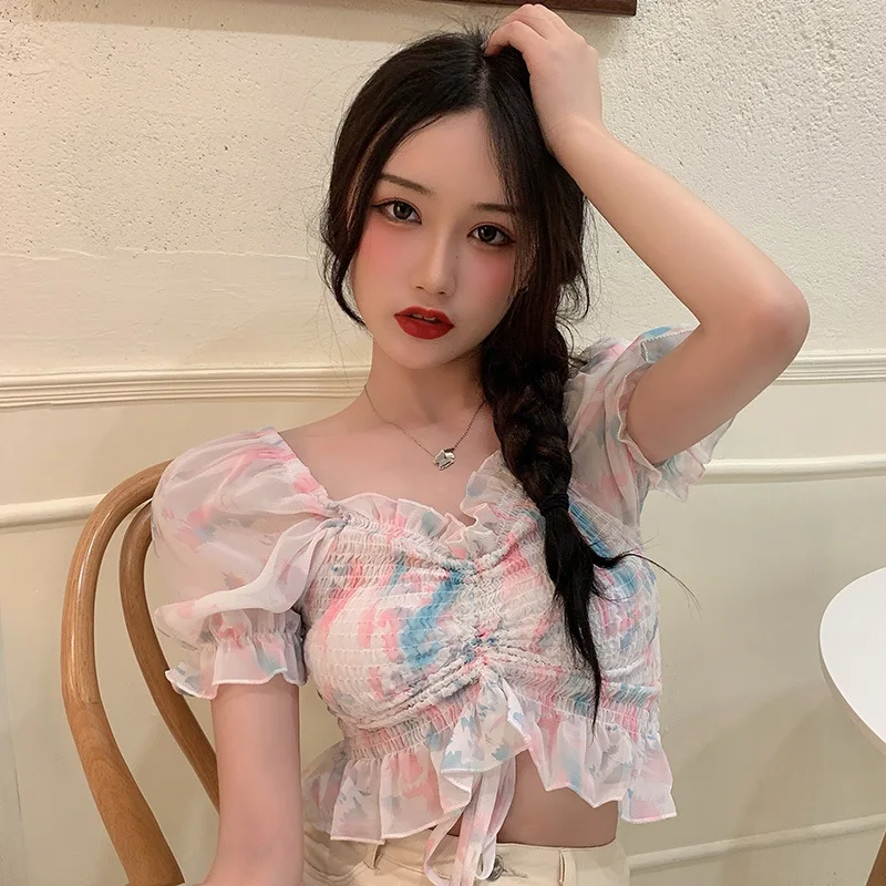

Short Design Chiffon Shirt 2020 New Design Square Collar Blouse Drawstring Super Fairy Sweet Floral Tops Women