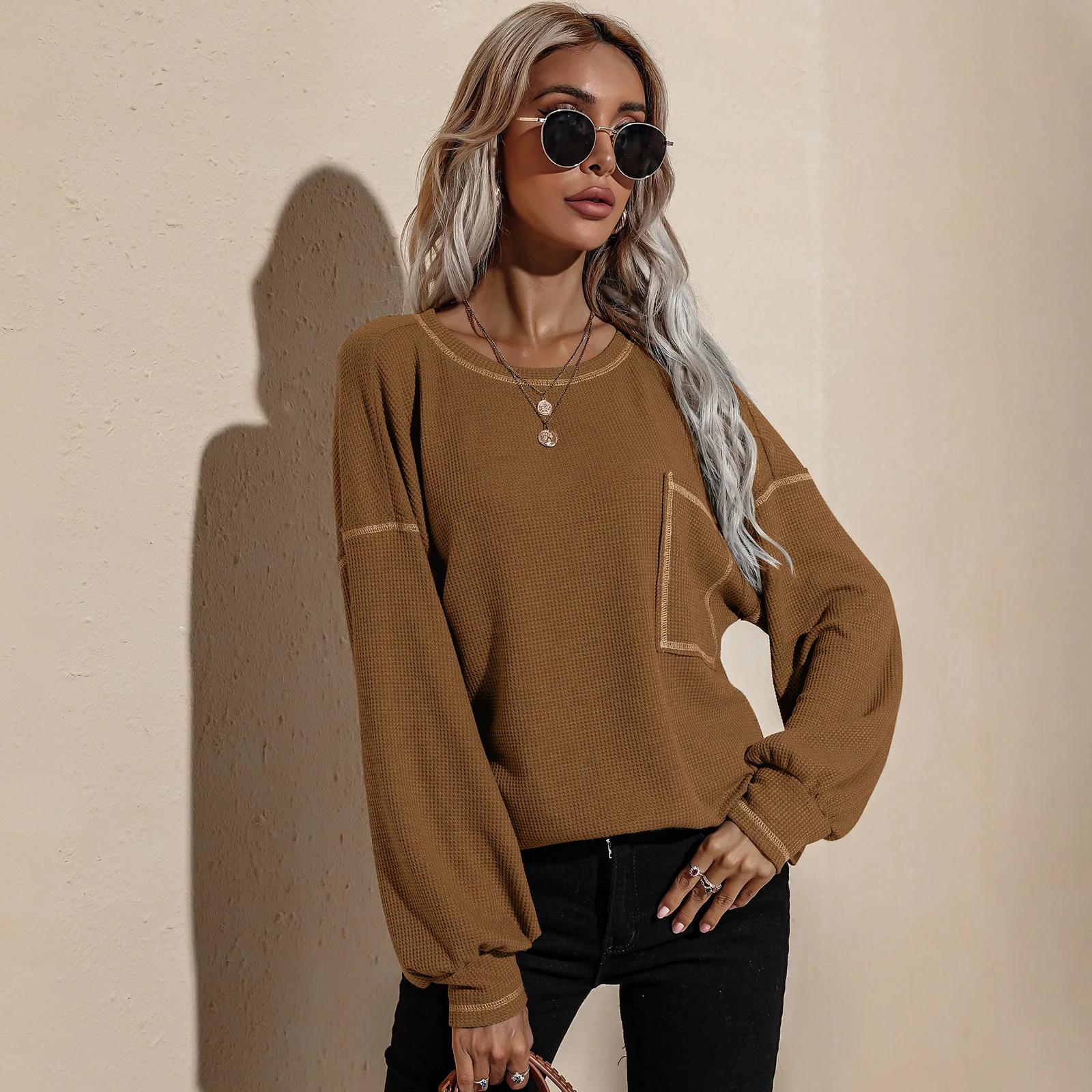 

Autumn Winter 2021 Fashion Women Fashion Long Sleeve Solid Color Oversized Casual Top