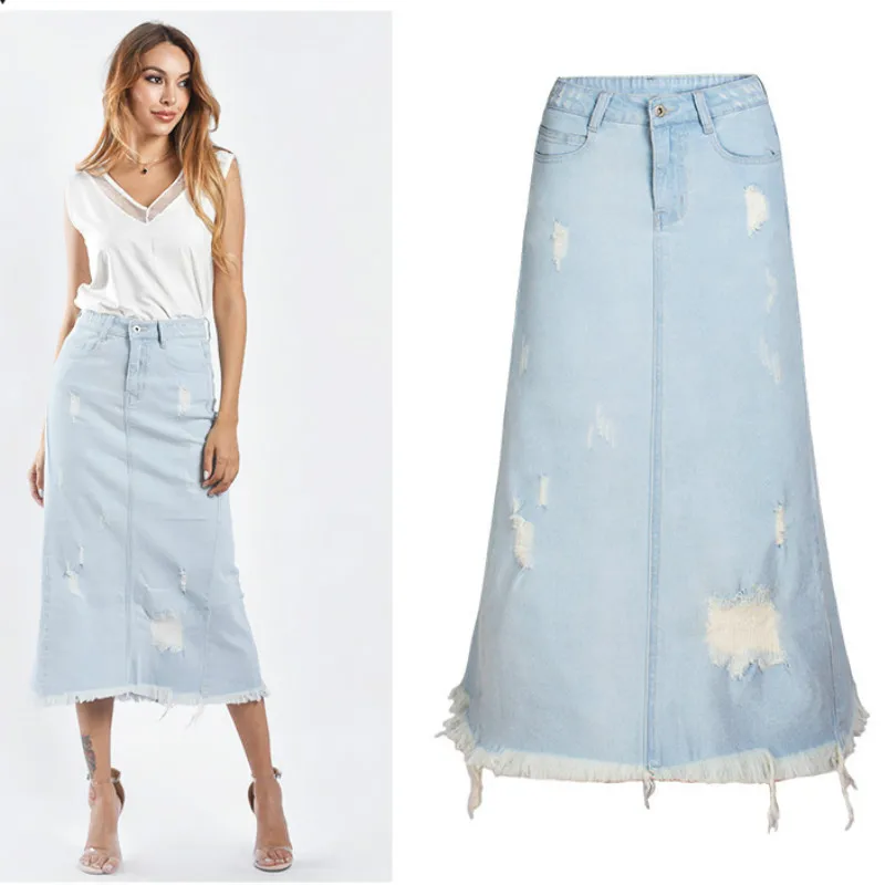 Женская рваная джинсовая юбка длинная эластичная с высокой талией модель 3xl на
