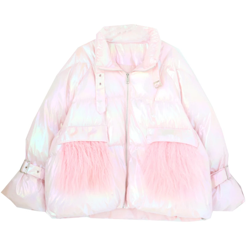 

Unua amo Winter Jacket Women Short Warm Parka 2021 Stylish Faux Lambswool Pocket Design Glossy Waterproof Women's Puffer Jacket