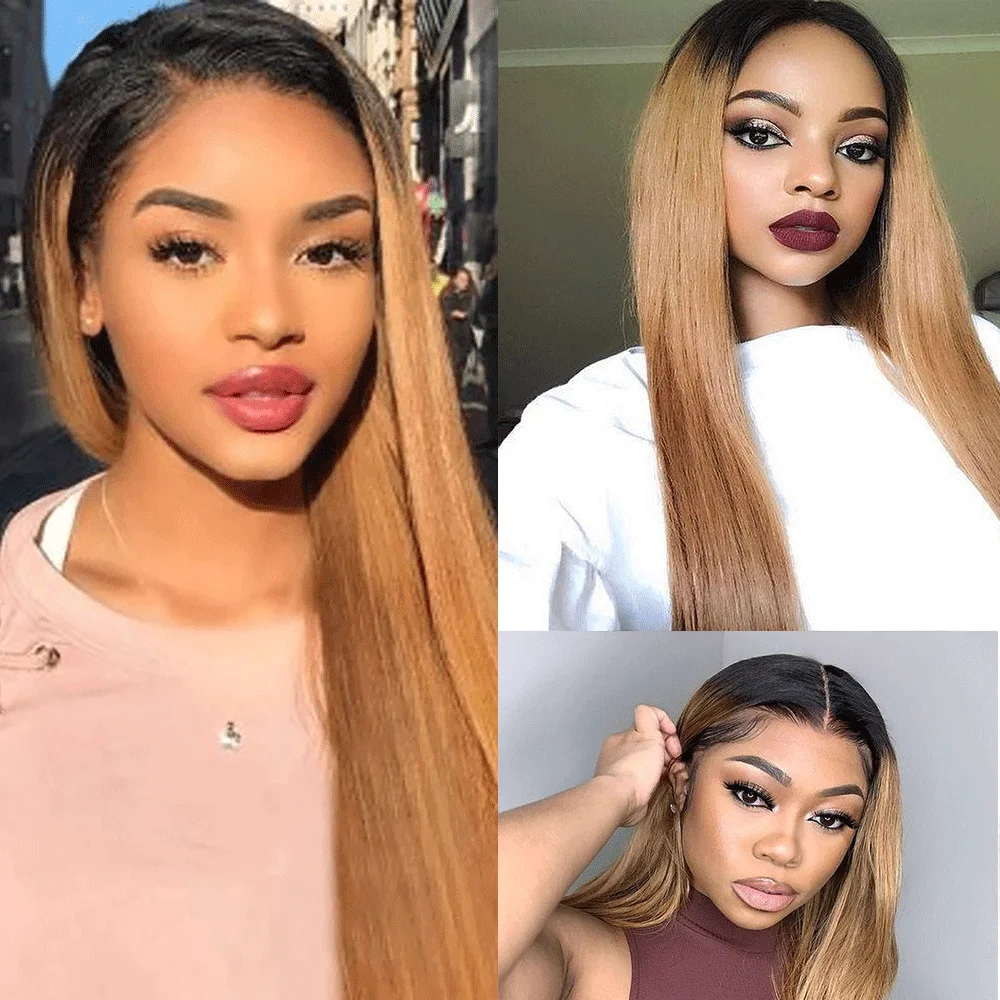 Ed T1b/27 Straight Human Hair Wigs For Women Brazilian Remy Straight Pre Plucked 4x4 Lace Closure Wigs 180% Density