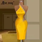 Золотистые коктейльные платья на одно плечо с открытой спиной и кристаллами, плиссированные короткие платья-русалки для выпускного вечера, Платья для вечеринок и представлений