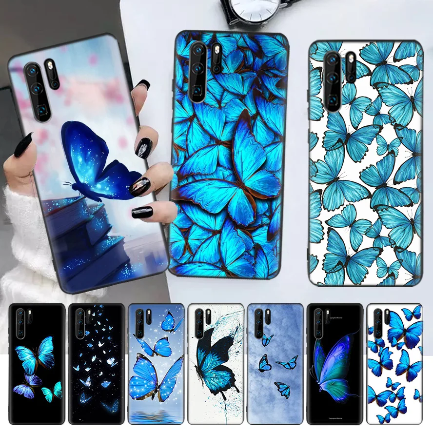 

Blue Butterfly Beautiful Wing Black Phone Case For Huawei P30 Lite P20 Pro P40 P10 Mate 20 40 30 10 P Smart Z Plus Pattern Cover