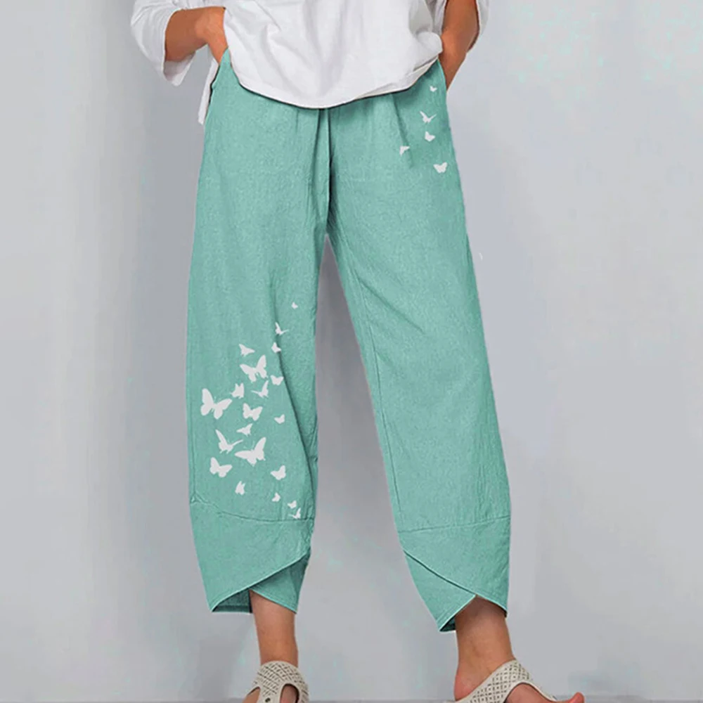 

Gray European And Casual Loose Cotton And Linen Printed Wide-leg Pants Women Vertical Flower Pants