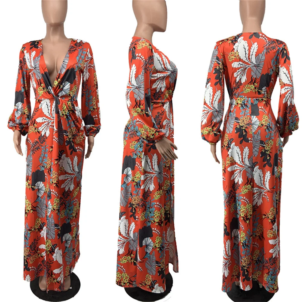 

Deep V-Neck Floral Print Long Dress Summer 2021 Lantern Long Sleeve Sexy High Split Beach Robe Women Boho Maxi Party Vestido