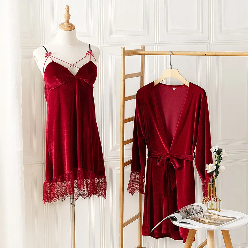 

Velvet Burgundy Wedding Robe Suspender Nightgown Two-piece Suit Sexy Lace Women Sleepwear Intimate Lingerie Loose Home Dress