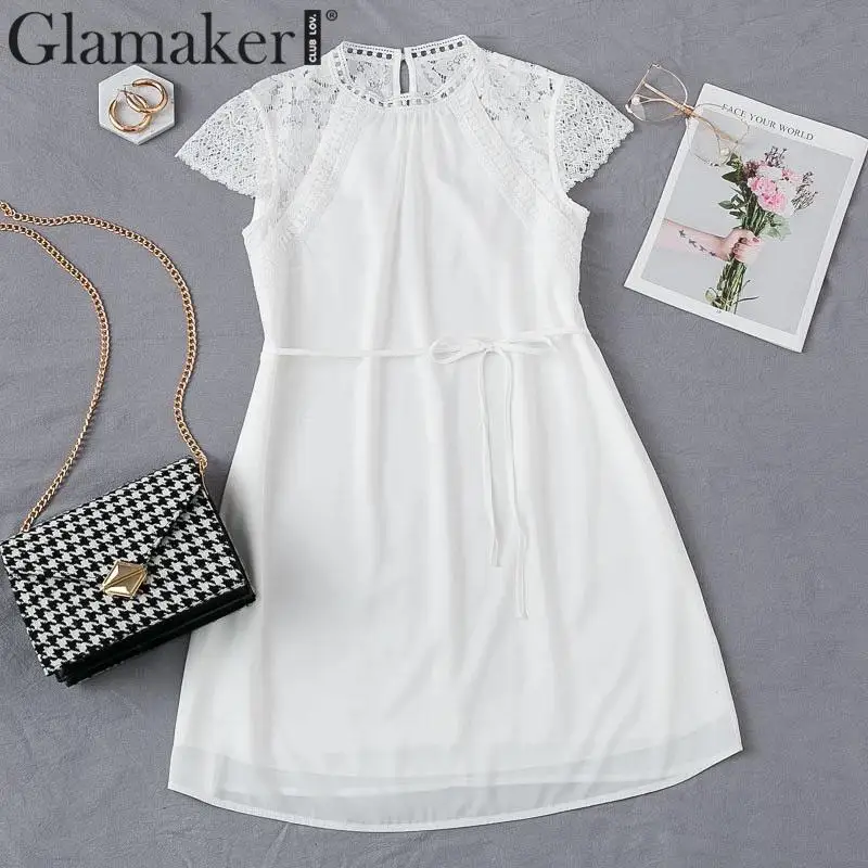 Glamaker Chiffon white hollow out short dress Elegant high waist lace patchwork mini Lady spring sexy holiday casual vesti | Женская