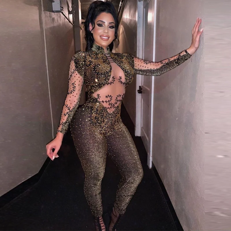 High Elastic Beading Hollow Out Print DJ DS Costume Dance Jumpsuit | Женская одежда