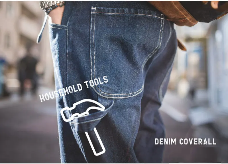 Retro Man Jeans Jumpsuits Bib Overalls Loose Straight Multi-Pocket Streetwear Denim Cargo Trousers Fashion Leisure Freight Pants