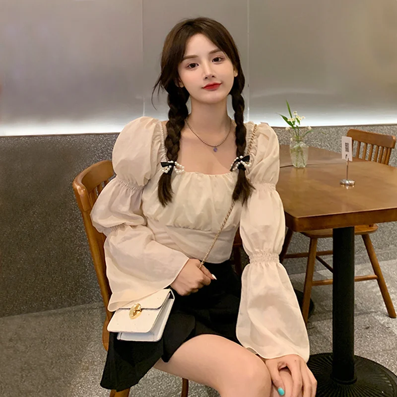 

Женская рубашка с длинным рукавом, короткая рубашка с квадратным вырезом и бантом, подчеркивающая индивидуальность, в французском стиле, ос...