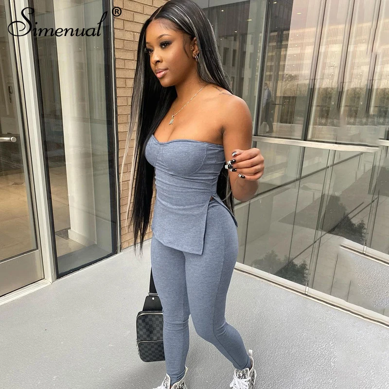 

Simenual Wrap Chest Side Slit Top Pants Two Piece Sets Women Sportswear Athleisure Active Wear Ribbed Co-ord Outfits Homewear