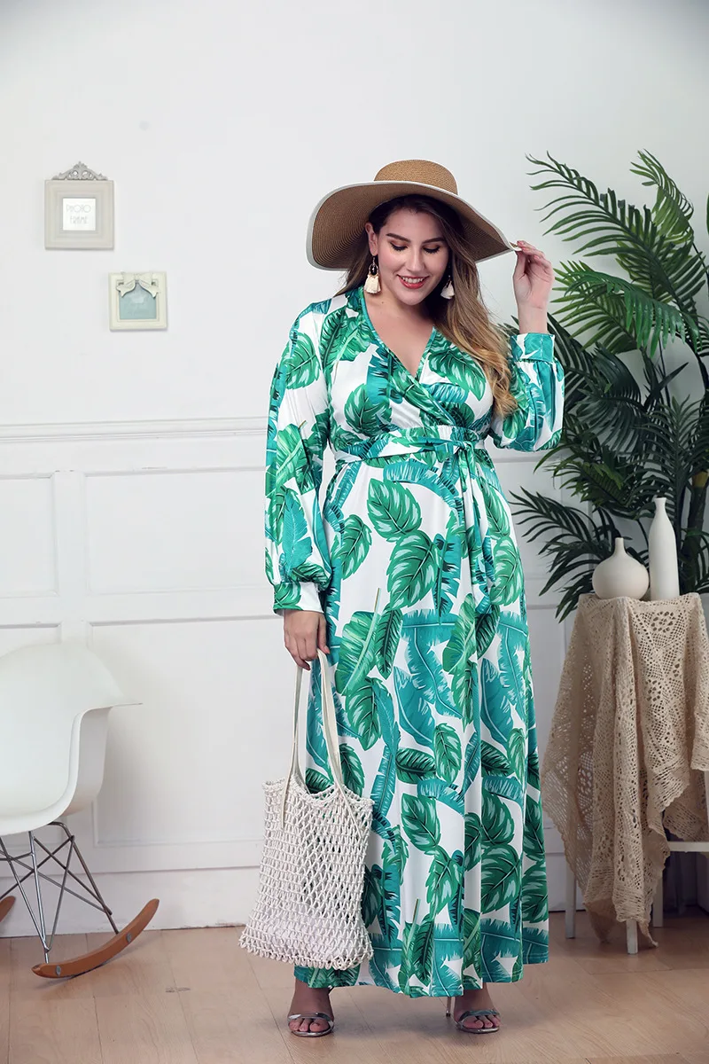 010 Large Size Women Dress Ankle Length Long Skirt L XL XXL 3XL 4XL Green Leave Printing V Neck Full Sleeve Plus Fat People | Женская