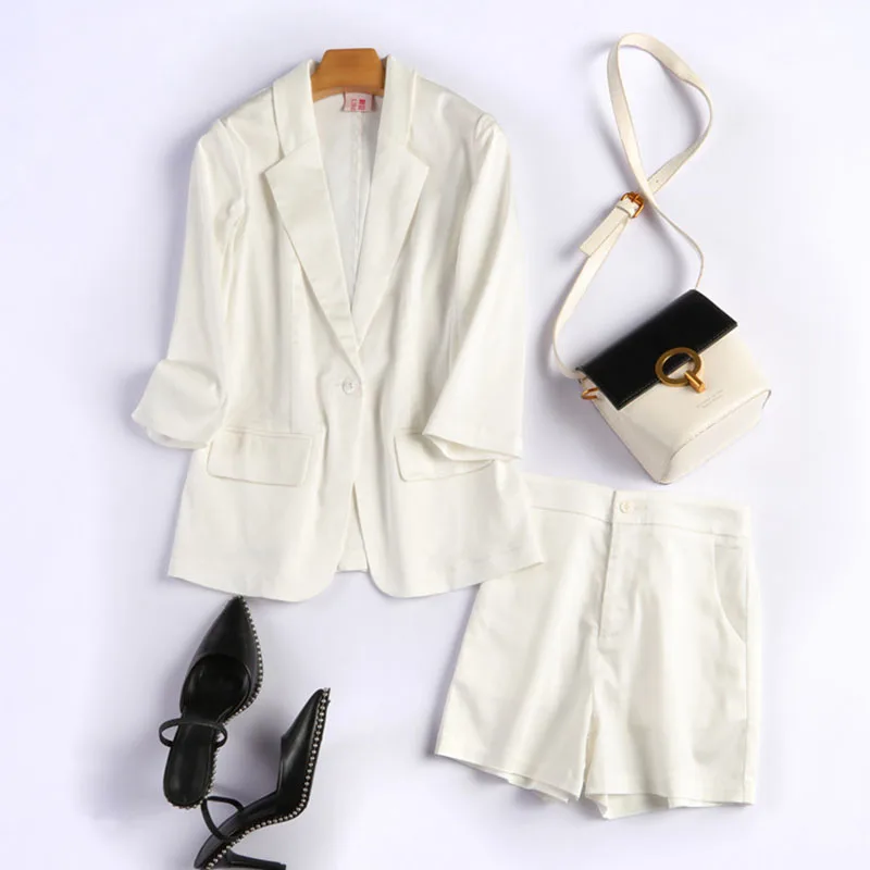 Летний новый женский костюм с шортами свободный хлопковый и льняной Блейзер