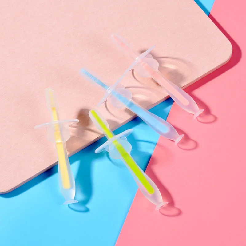 Cepillo de dientes de entrenamiento para beb&eacute;, cepillo de silicona suave con ventosa, cuidado bucal, mango encantador, 4 colores-1