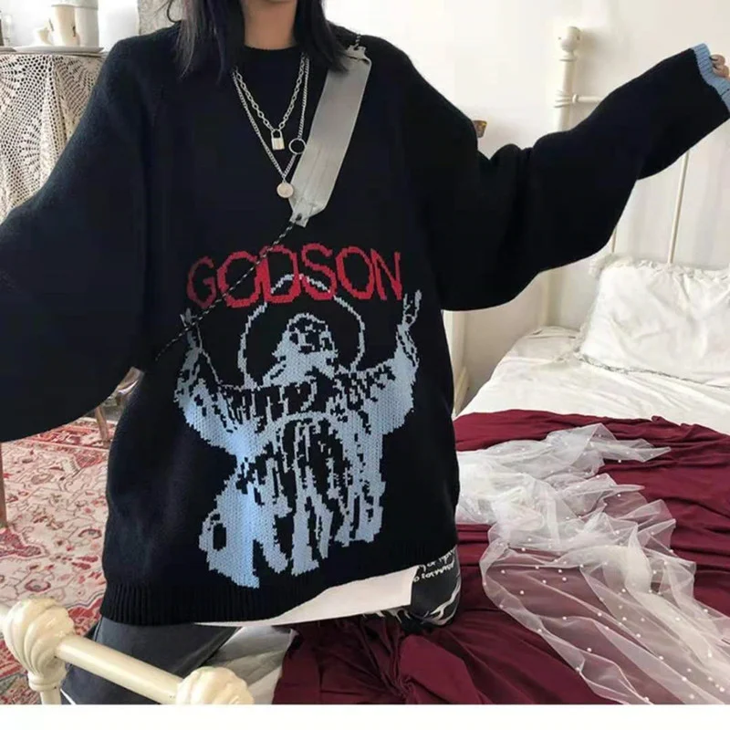 

Black Pattern Letter Jacquard Vintage Knit Sweater Women O-Neck Pullover Plus Size Korean Tops Female Autumn Harajuku Sweater BF
