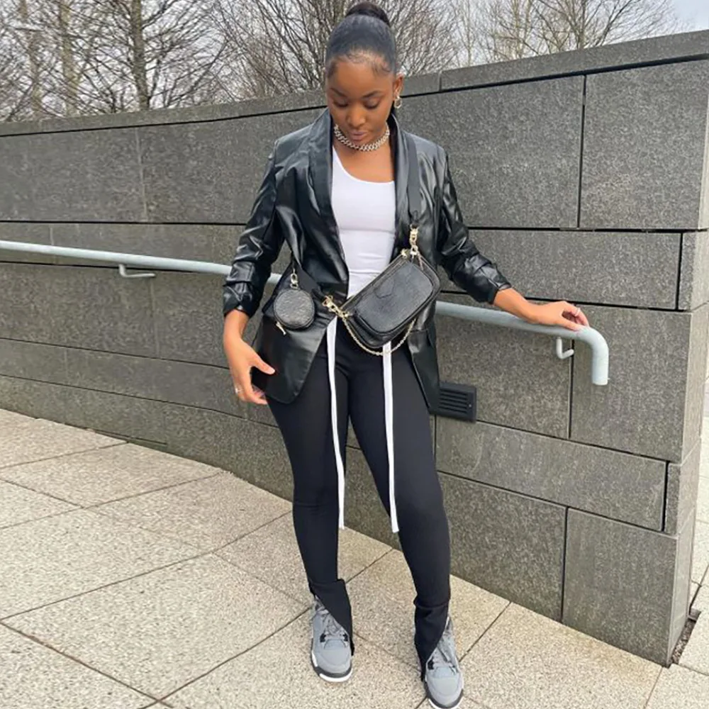 

RStylish 2021 Autumn Women Oversized Black Faux Leather Basic Coat Pocket Turn-Down Collar Motor Biker Jacket