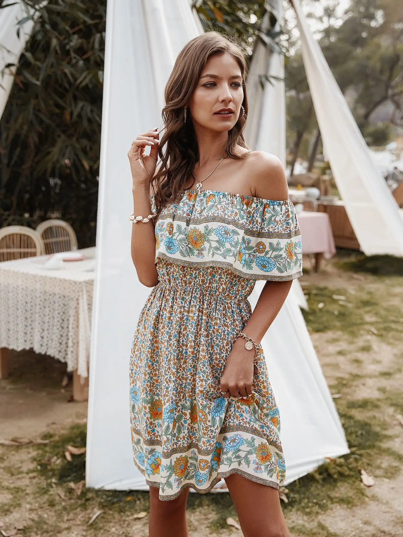 

2020 Summer Women Off Shoulder Flower Printed Fashion Casual Dress Ladies Vintage Ruffle Tunics Dress For Women