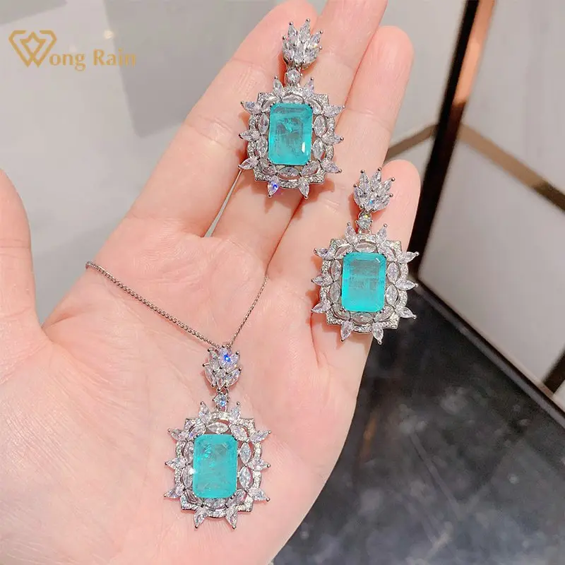 

Wong Rain Vintage 100% 925 Sterling Silver Paraiba Tourmaline Emerald Gemstone Pendant/Necklace/Earrings Jewelry Set Wholesale