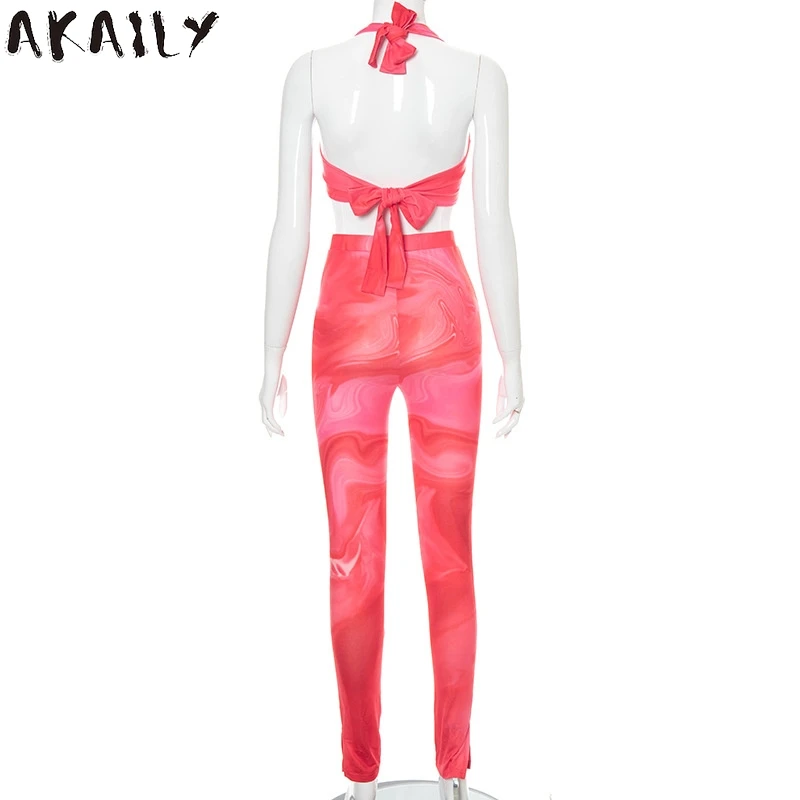 

Akaily Women Summer Tie Dye Print 2 Two Piece Sets Streetwear Outfits Halter Sleeveless Backless Crop Top Long Pant Sets 2021