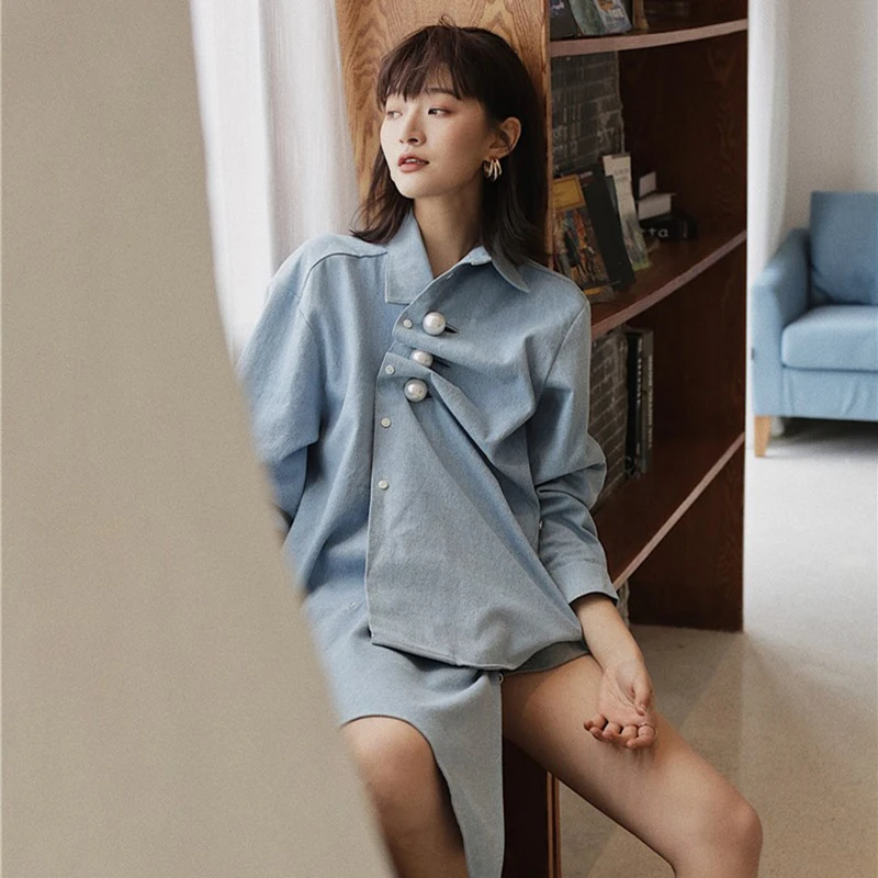GALCAUR Asymmetrical Patchwork pearl Women's Shirts Lapel Collar Long Sleeve Blouse Female Autumn Oversize Fashion New