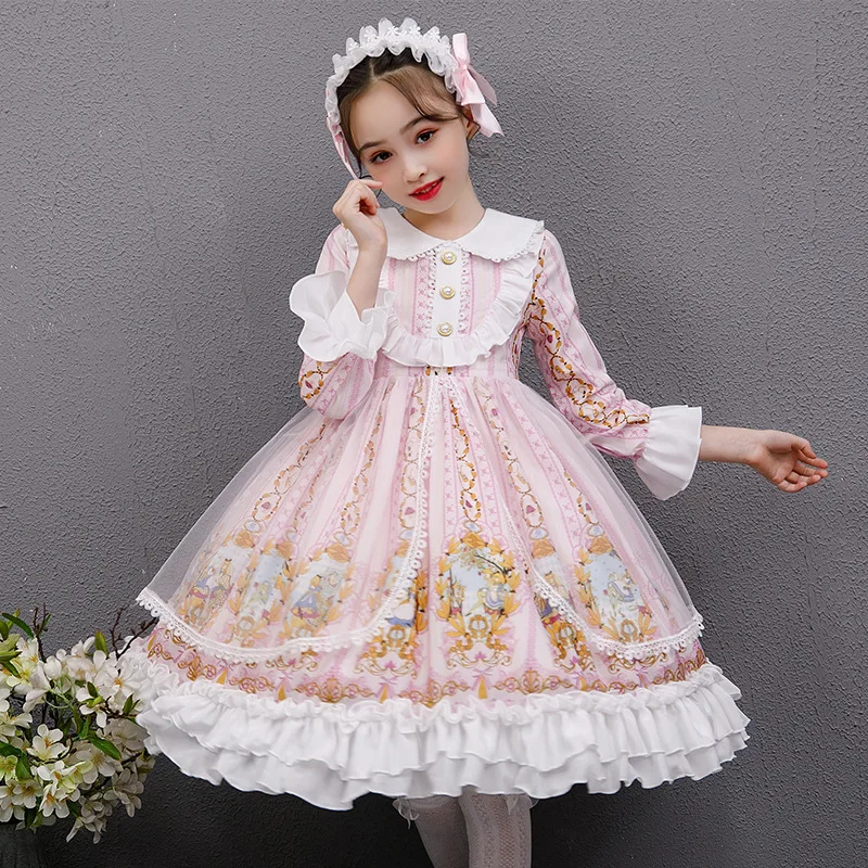 

New Autumn Girls Dress Ruffles Lolita Children's Dress Exotic Lolita Baby Girl Princess Dress Floral Children Ball Gown