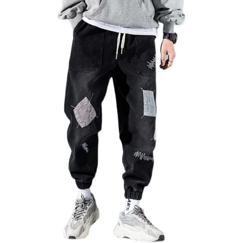 

High Street Fashion Mens Jeans Drawstring Black Personal Designer Printed Denim Pants Men Punk Pants Loose Trousers