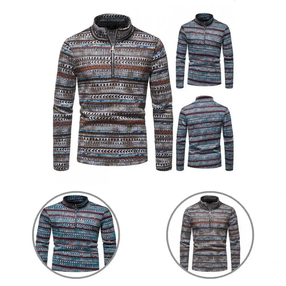 

Casual Pullover Retro Stylish Zipper Stand Collar Ethnic Print Knitted Sweater