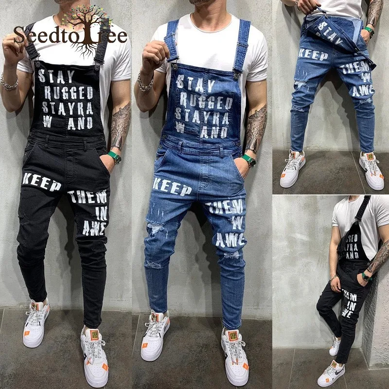 Letter Pattern Casual Hole Men's Jeans Slim Overalls Denim Trousers