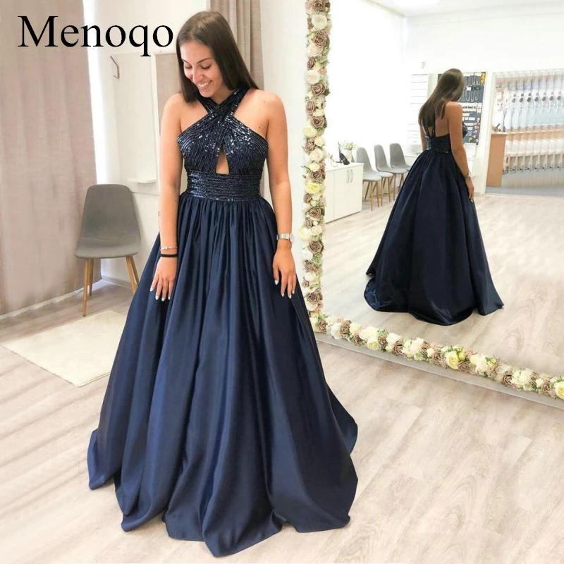 

Menoqo Marvelous Navy Blue Prom Dresses Long 2020 Criss Cross Neck A-Line Evening Gowns Sequine Satin Formal Dress Women P53AU16