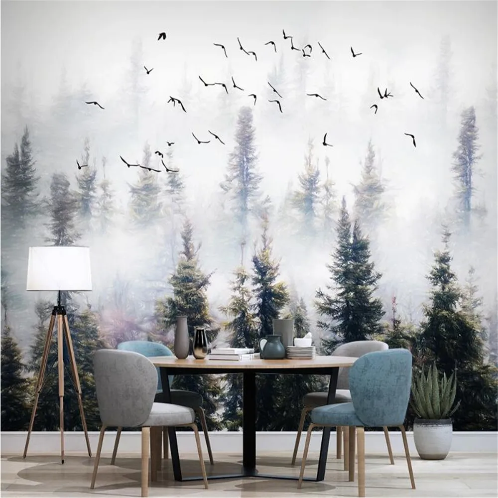 

Milofi custom 3D large wall paper new Chinese style hand-painted pine forest cloud bird TV background wall painting
