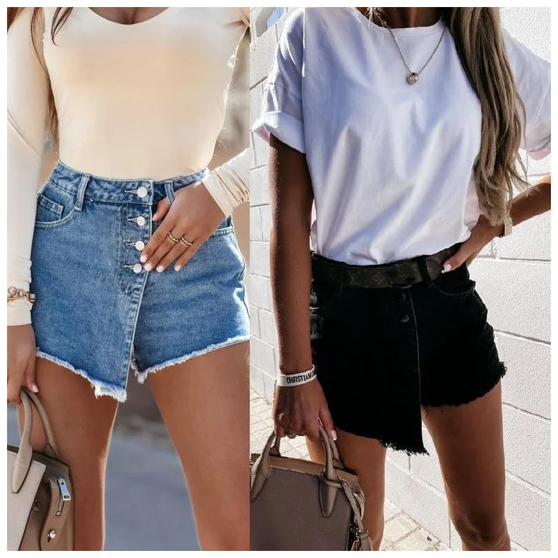 

Mandylandy Denim Shorts Summer Fashion Mid Waist Button Pocket Denim Straight Shorts Women's Casual Solid Color Stitching Shorts