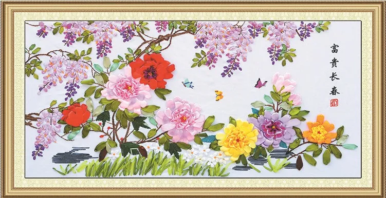 

Wisteria peony flower Ribbon embroidery painting sets handcraft embroidery circle DIY handmade needlework wall art decor gift
