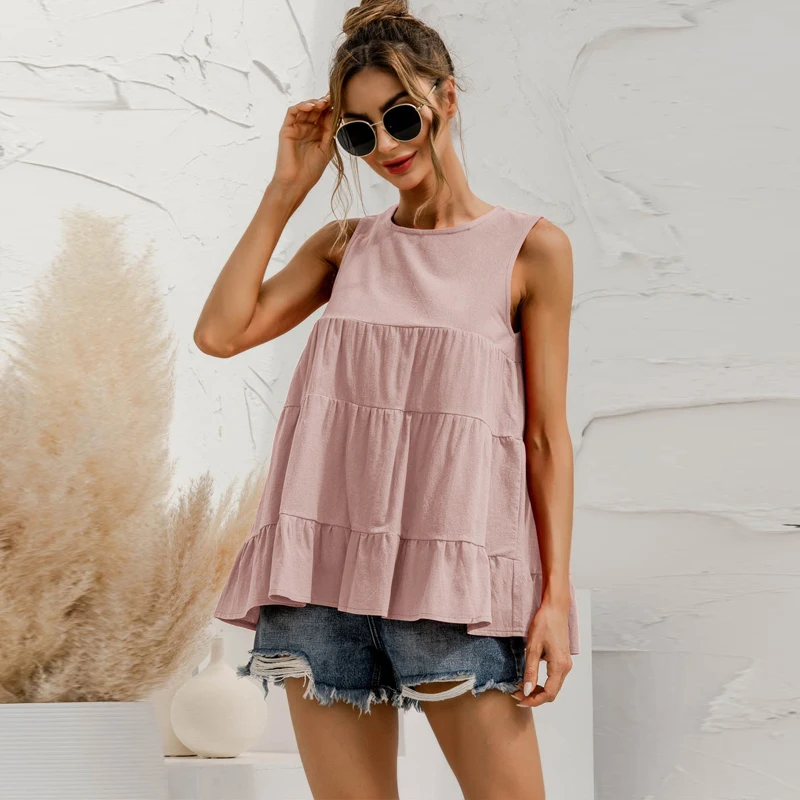 Camiseta sin mangas de cuello redondo para mujer, ropa de costura de sección múltiple, informal, holgada, gran Swing, Top sin mangas 2021