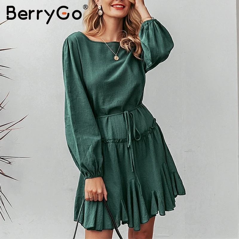 BerryGo повседневное зеленое короткое вечернее платье с круглым вырезом женское
