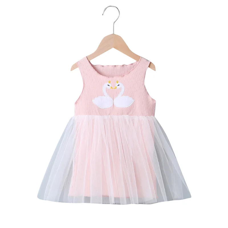 

Summer 2020 Girls Dress Girls Summer Cute Dress Cotton Sleeveless O Neck Swan Embroidery Mesh Pink Casual A-line Dress Vestidos