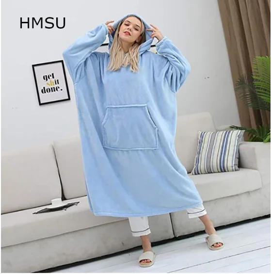 

HMSU Winter Warm TV Pocket Hooded Blanket Adult Bathrobe Sofa Cozy Hoodie Blanket Sweatshirt Plush Coral Fleece Blanket Outwear
