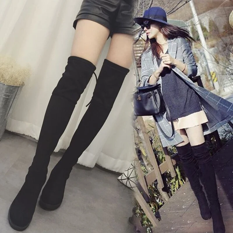 

Koovan Women's Boots 2021 Autumn And Winter New Thick Heel Over The Knee Boots Ladies Black Flat Low Heel Stovepipe Long Boots
