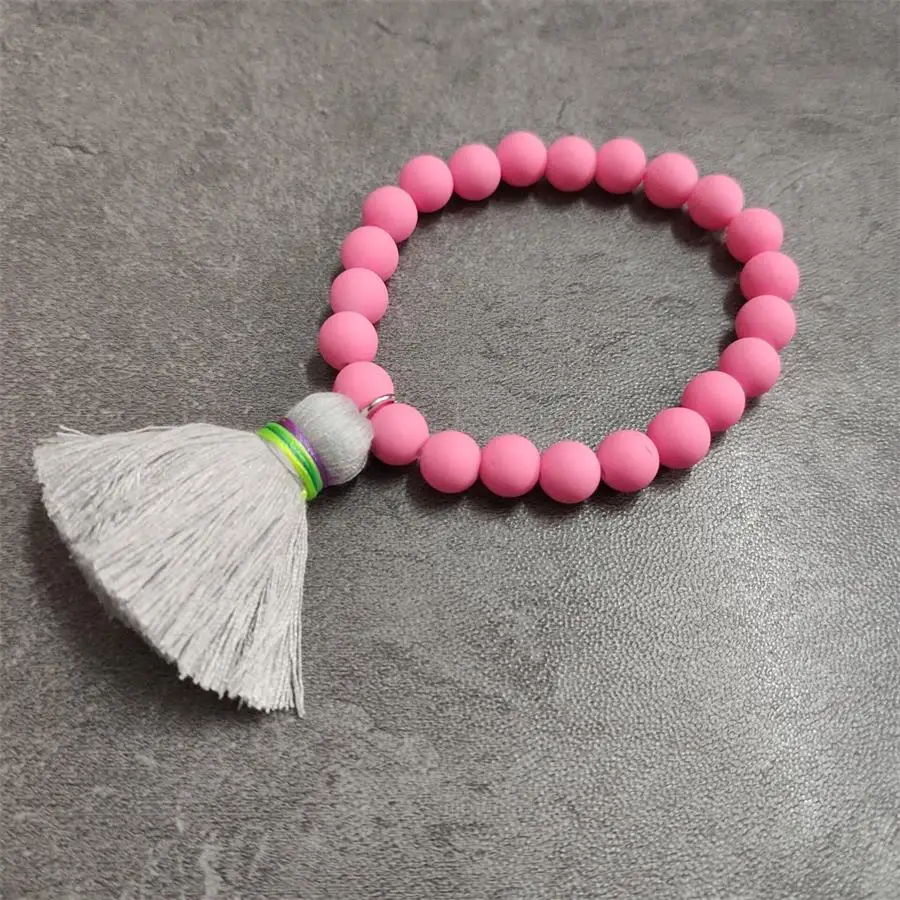 dark pink Новая мода резиновое покрытие эластичный браслет из бусин с красочными большими кисточками для женщин Летний пляж призвание ювелирные изделия - Окраска металла: dark pink