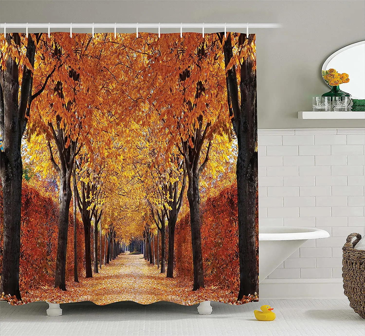 

Autumn Shower Curtain Pathway in The Woods Covered Dried Tree Leaves Fall Season Bathroom Decor Set with Hooks Orange Brown