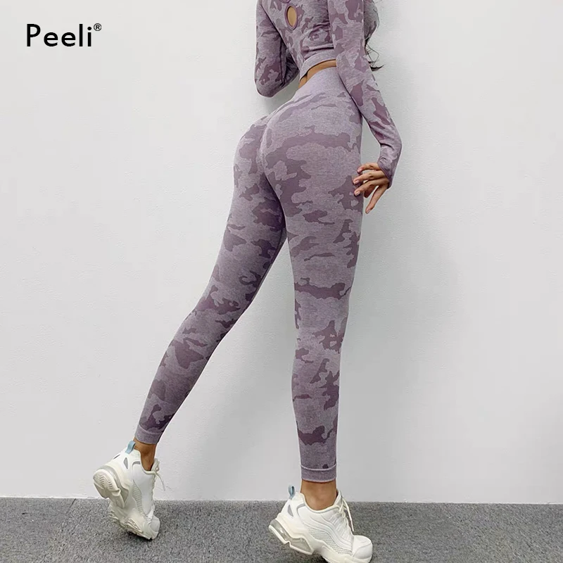 Женские легинсы для фитнеса Peeli камуфляжные бесшовные с высокой талией занятий