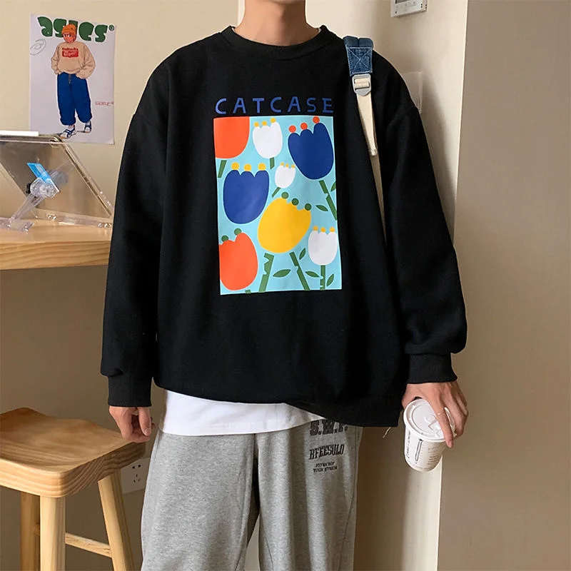 

Printed Round Neck Sweatshirts Trend Casual All-match Loose-fitting Tops Spring Autumn Long-sleeved Outerwear Male Clothes Thin